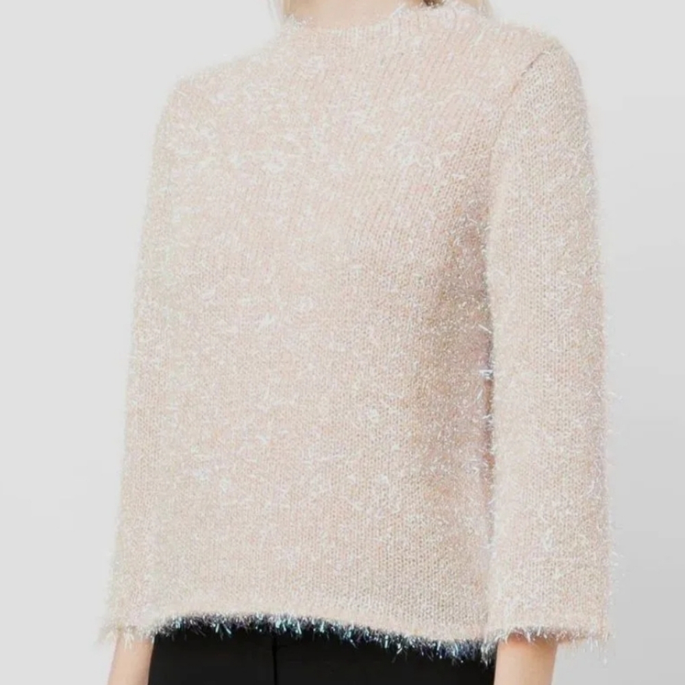 $428 Tory Burch Women's Beige Tinsel Mockneck Jumper Sweater Size M